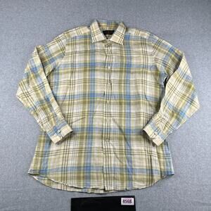 Robert Talbott Tailored Linen Shirt Large Green Blue Plaid Button Up Long Sleeve